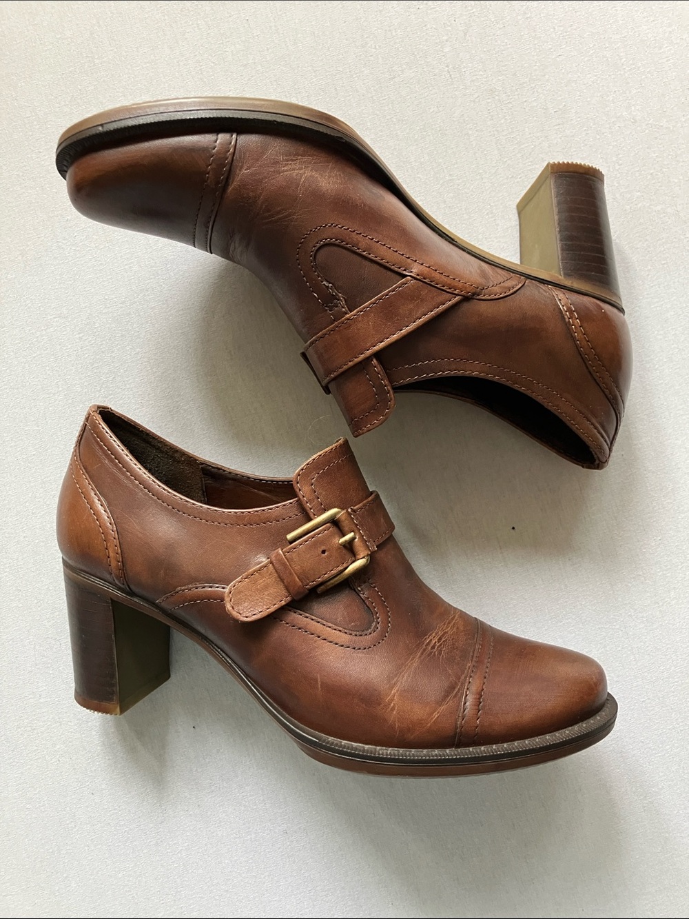 Ecco Brown Leather Buckle Block Heel Pumps